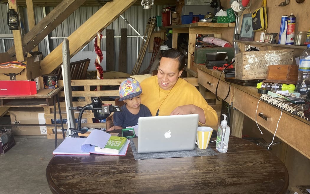 RNZ Pacific journalist Talei Anderson working from her parents' garage during the Covid-19 lockdown
