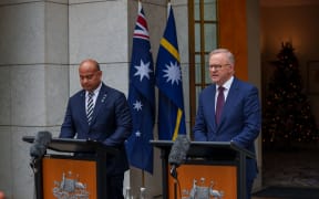 Australian Prime Minister Anthony Albanese, right, and Nauru's President David Adeang signed the Nauru-Australia Treaty in Canberra on 9 December 2024.