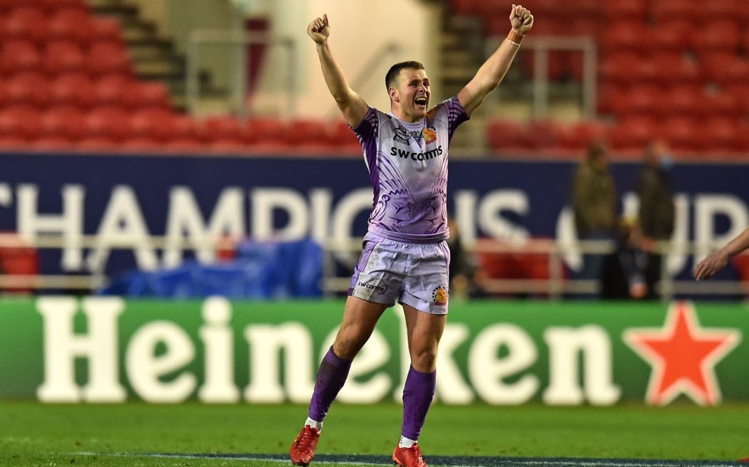 Exeter Chiefs' English fly-half Joe Simmonds celebrates their victory on the pitch after the European Rugby Champions Cup final rugby union match between Exeter Chiefs and Racing 92 at Ashton Gate Stadium in Bristol, south-west England on October 17, 2020.