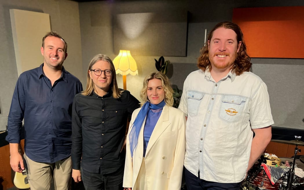 Holly Arrowsmith and band in the RNZ Christchurch studio.