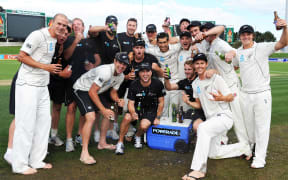 The Black Caps celebrate their win over Australia at Bellerive Oval in Hobart in December 2011.