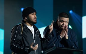 Auckland hip hop duo Church & AP accepting one of three awards they took home at the 2020 Pacific Music Awards