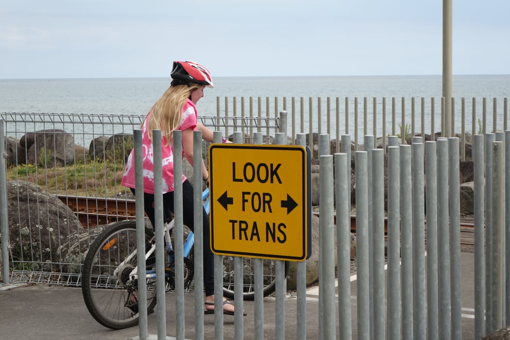 A cyclist negotiates the maze at one of the rail crossings on New Plymouth’s Coastal Walkway.