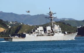 US Destroyer the USS Sampson sails into Wellington harbour after helping in relief efforts for Kaikoura after the earthquake.