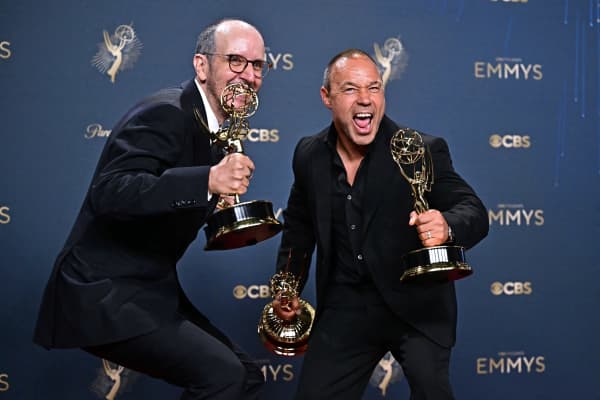 British playwright Jack Thorne (L) and British actor Stephen Graham at the  Emmy Awards, September 2025.