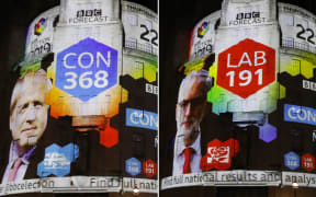 A combination of pictures shows the broadcaster's exit poll results with Britain's Prime Minister Boris Johnson's Conservative Party winning 368 seats (L) and Jeremy Corbyn's Labour Party winning 191 seats, on the outside of the BBC building in London