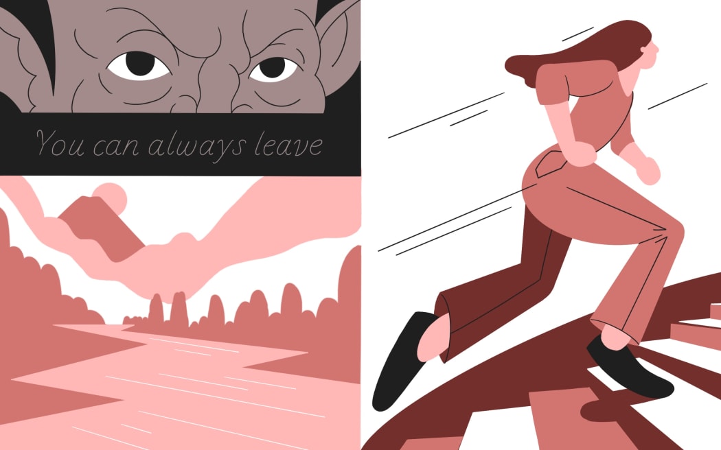 Stylised illustration collage of a devil face, "You can always leave", mountain and river, and woman running up stairs.