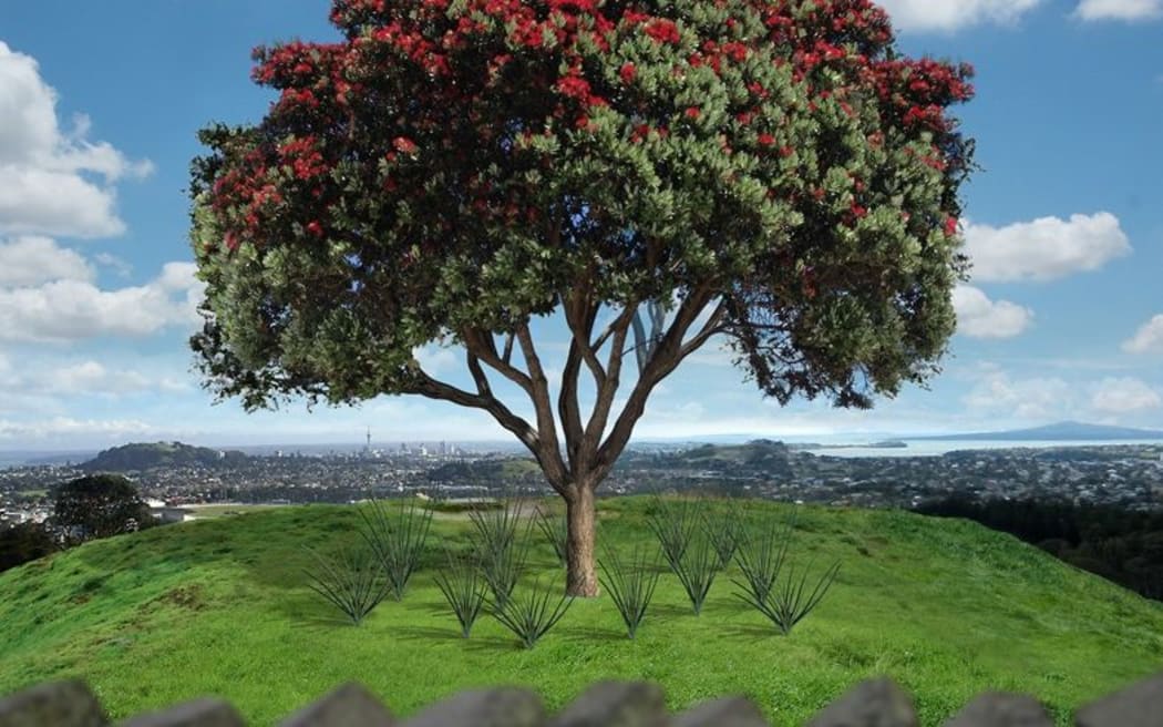 Year twenty: Single tree with kiekie. A pohutukawa is illustrated however the single tree could be either a tōtara or a pohutukawa.