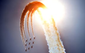 Britain's Red Arrows perform during D-Day commemorations in Portsmouth, southern England.