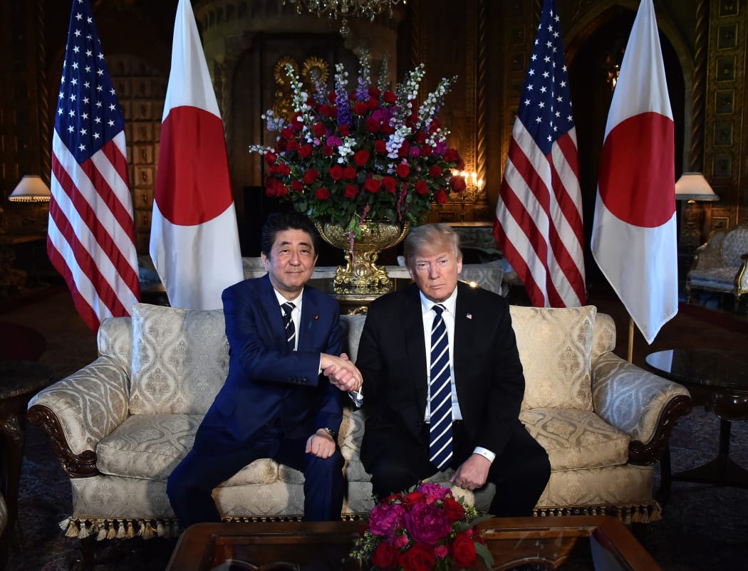 U.S. President Donald Trump (R) and Japans Prime Minister Shinzo Abe hold a summit meeting at Mar-a-Lago in Palm Beach, Florida, U.S.A. on April 17, 2018.  ( The Yomiuri Shimbun )