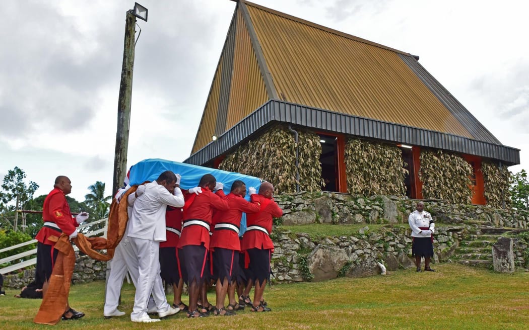 Soldiers carry the casket of Fiji's former vice president, Ratu Joni Madraiwiwi, to a church on the chiefly island of Bau on Thursday. He was buried on Friday.
