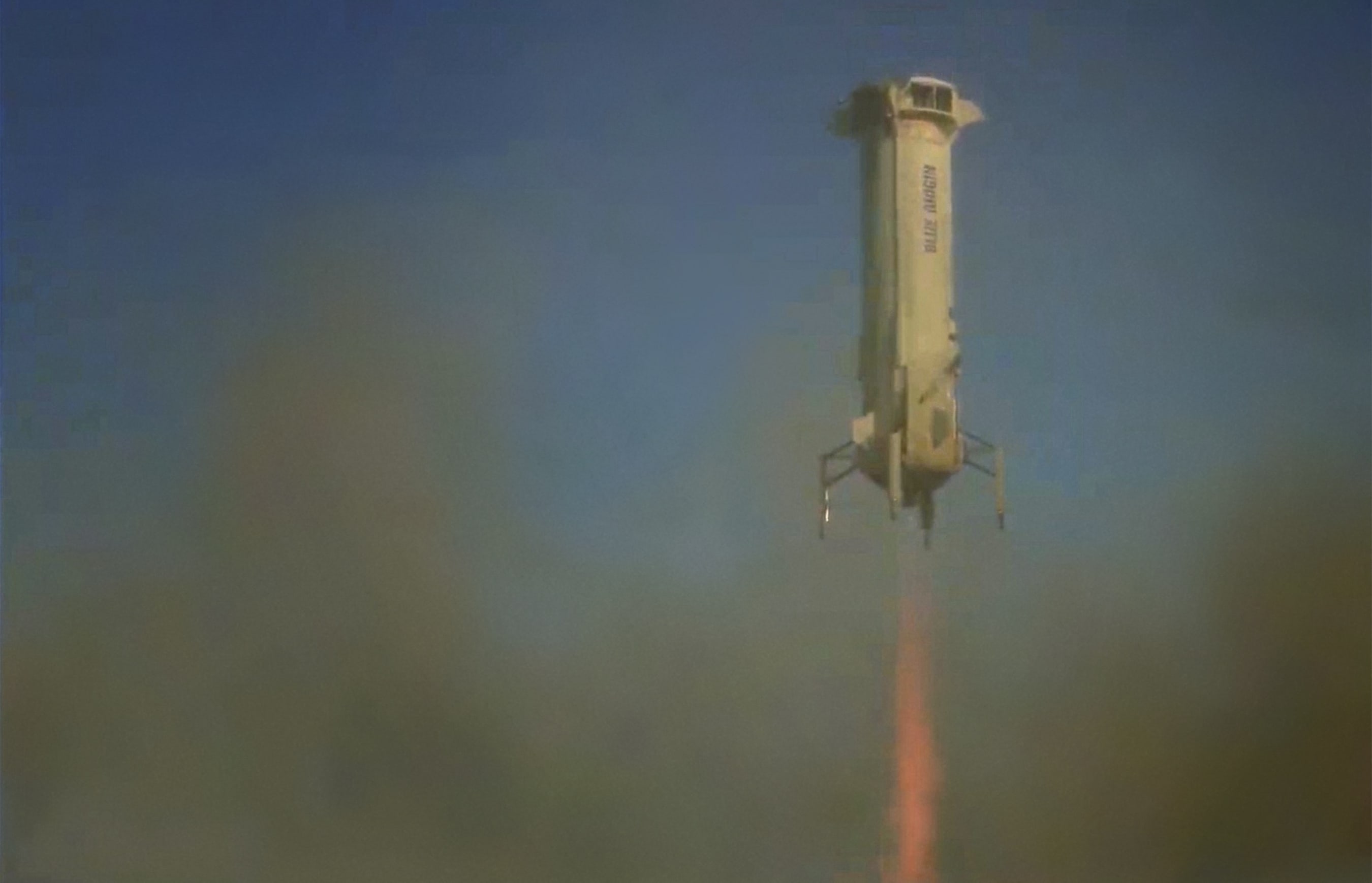 This Blue Origin handout photo shows New Shepard landing in West Texas on 13 October, 2020, with the NASA Lunar Landing Sensor Demo on board.