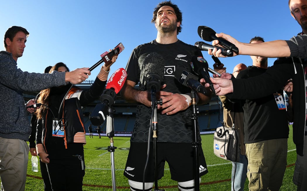 All Blacks captain Samuel Whitelock talks to the media during the captain's run at Eden Park ahead of the first test match against France.