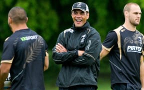 The Kiwis' playmaker Thomas Leuluai, coach Stephen Kearney and captain Simon Mannering during the captains run.