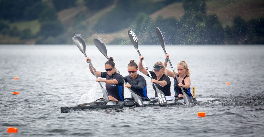Lisa Carrington second from left has now switched focus to the larger boats for the upcoming ICF World Cup series in Europe.