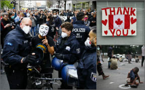 Left, people protest in Berlin against Covid-19 restrictions; top right, a poster thanks health workers in Canada; homeless people in Bangladesh wait for support in the streets during Covid-19 lockdown.