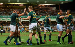 Springboks celebrate a try against Australia