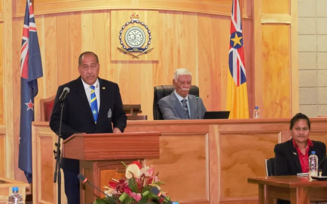 Premier Dalton Tagelagi addresses the Assembly and the packed Chambers and gallery after taking the oath as the Premier of Niue in his second term