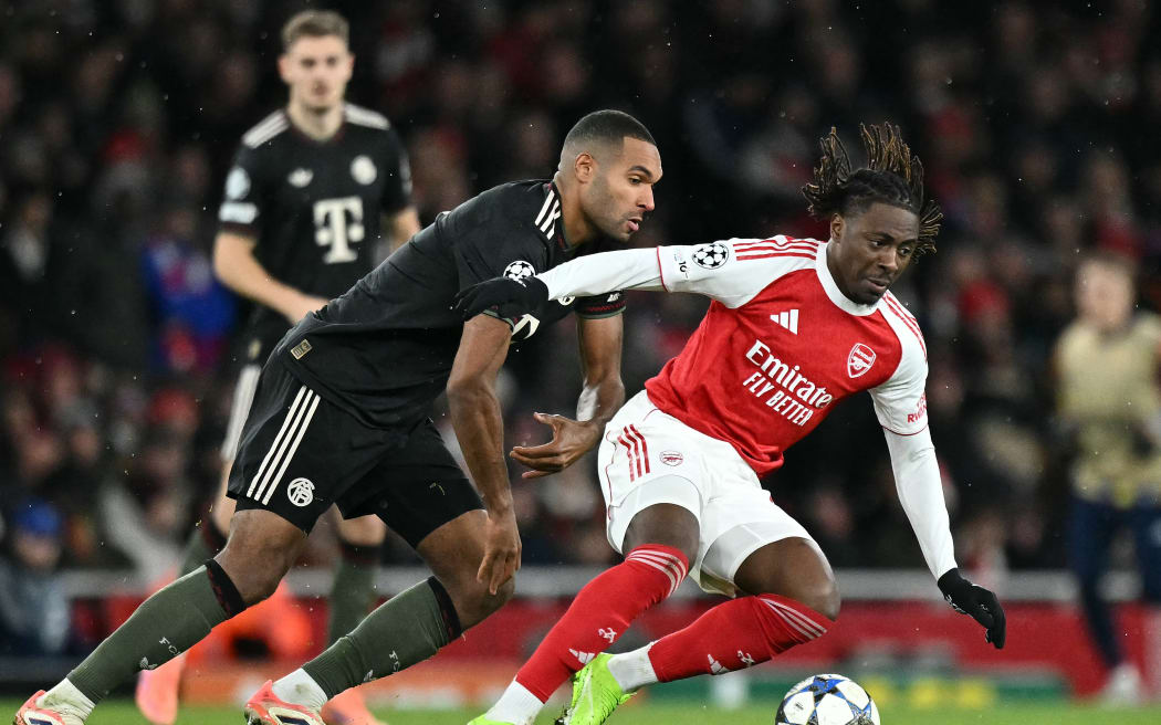 Arsenal's English midfielder Eberechi Eze in action against Bayern Munich.