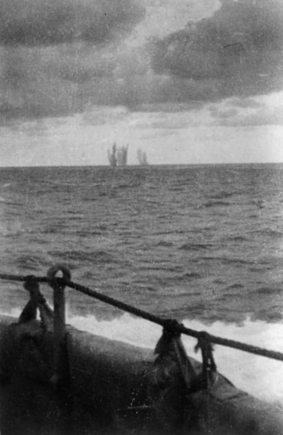 A photograph taken from the Achilles showing shells from the Graf Spee bursting on the water in 1939.