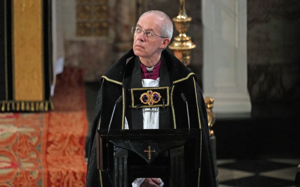 The Archbishop of Canterbury Justin Welby during the funeral service of Britain's Prince Philip, Duke of Edinburgh inside St George's Chapel in Windsor Castle in Windsor, west of London, on April 17, 2021.