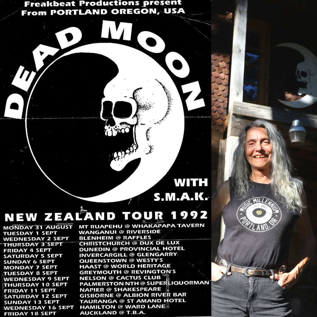 Collage image showing Dead Moon tour poster from 1992 and current image of Dead Moon band member Toody Cole wearing a black sleeveless t-shirt standing under a Dead Moon Logo (a crescent moon morphing into a skull)