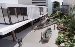 An artist's impression of a public walkway and footbridge across the Huatoki.