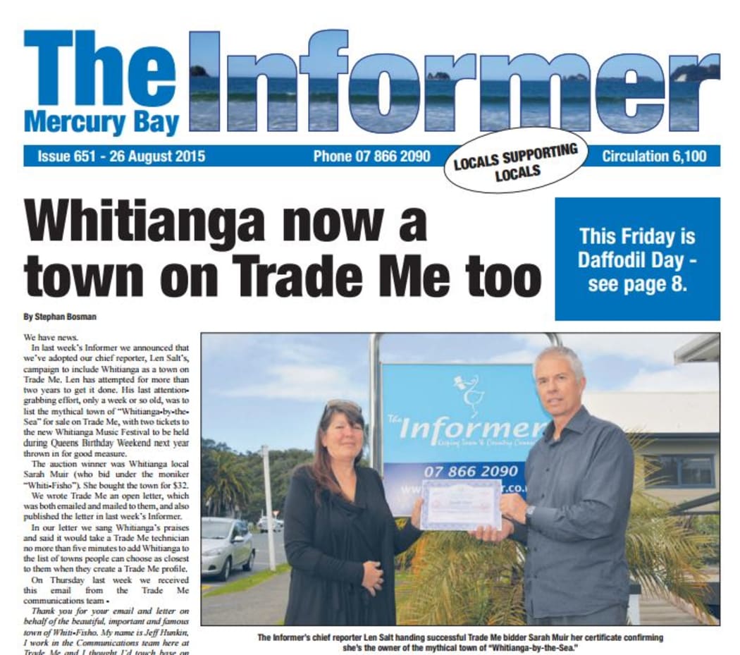 Picture of the front page of the Mercury Bay Informer.