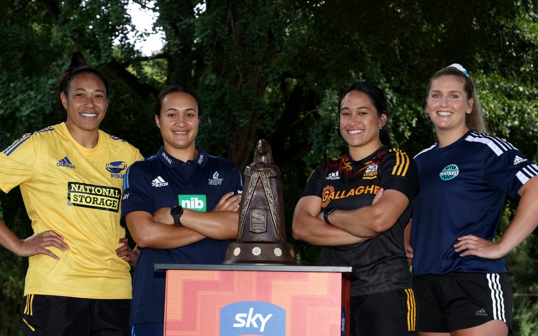 Super Rugby Aupiki Captains 2023: From left, Jackie Patea-Fereti (Hurricanes Poua), Ruahei Demant (Blues), Kennedy Simon (Chiefs Manawa) and Alana Bremner (Matatū)