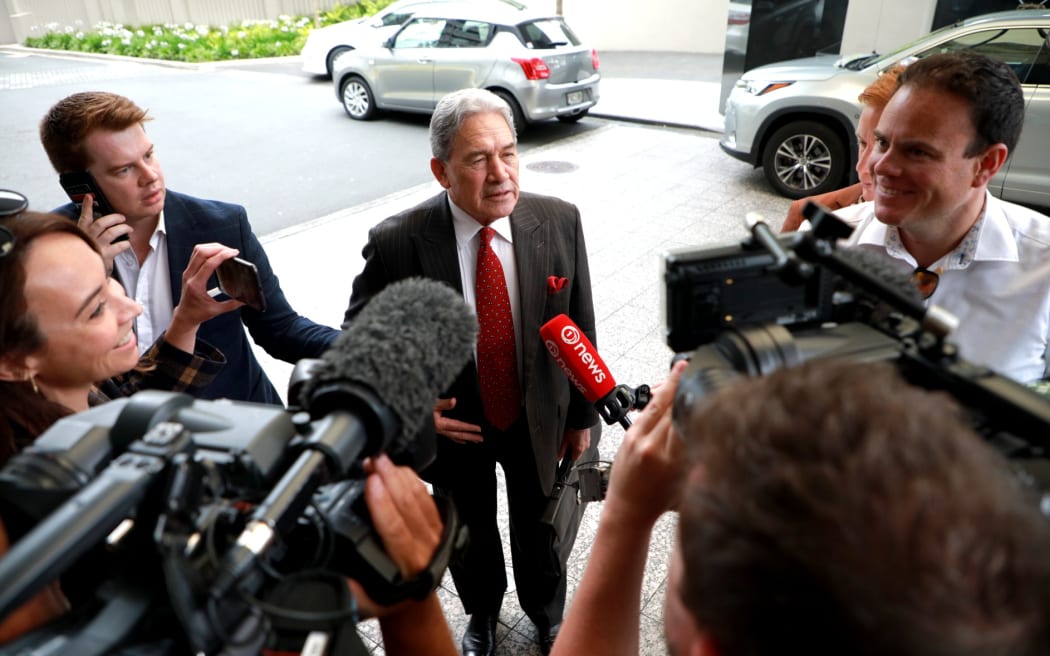 New Zealand First leader Winston Peters arrives for coalition negotiations in Auckland, 17 November 2023.