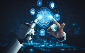 XAI 3D rendering artificial intelligence AI research of droid robot and cyborg development for future of people living. Digital data mining and machine learning technology design for computer brain.