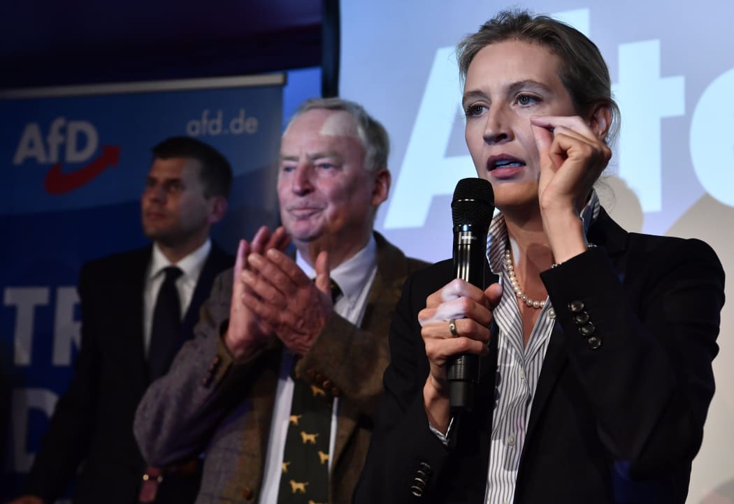 Lead AfD candidates, Alice Weidel, right, and Alexander Gauland (centre).