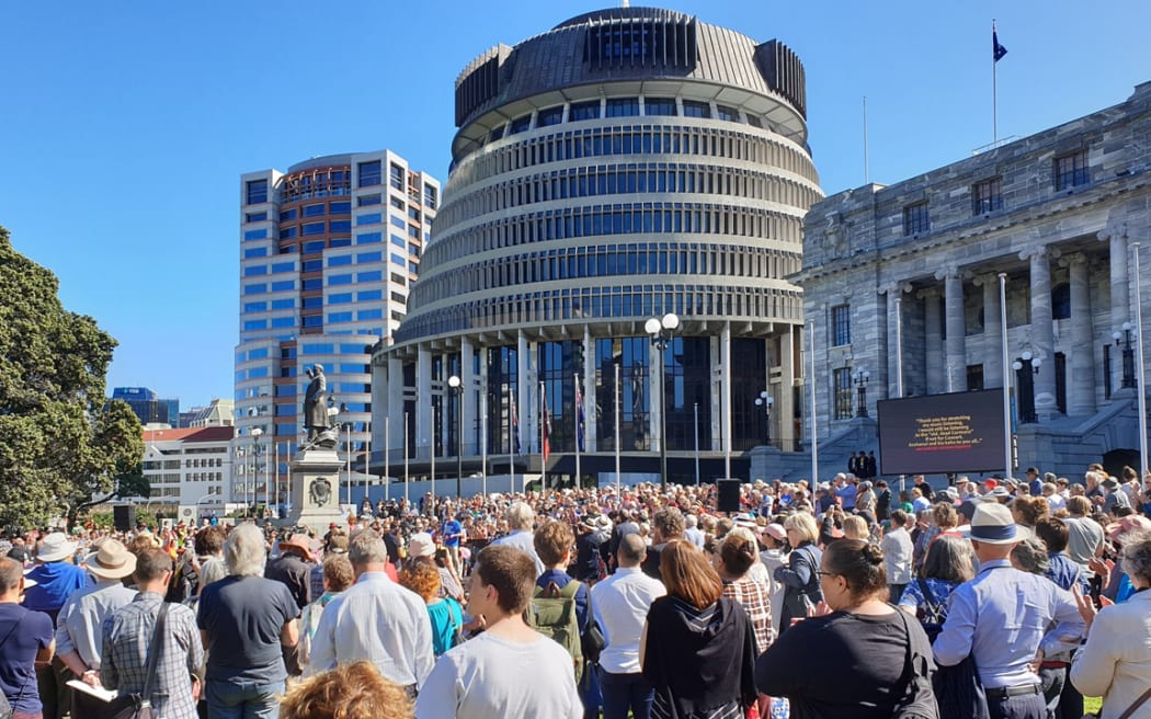 Crowds gather at Parliament to celebrate RNZ Concert.