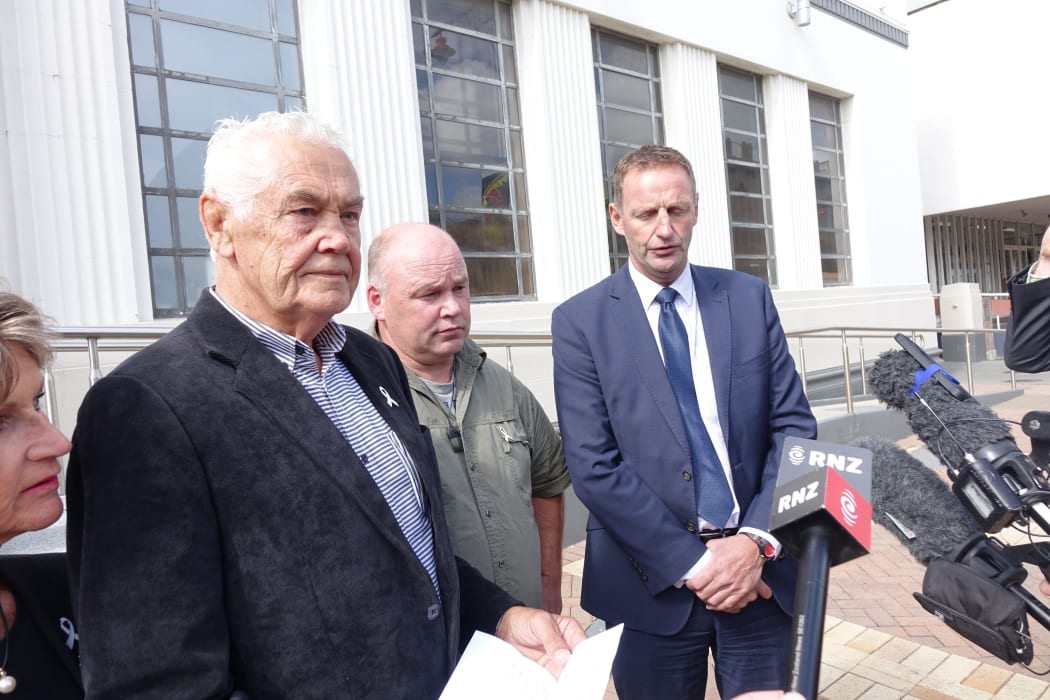 Outside court, from left, Verity McLean's father Bob Barber, Garry Duggan and Southern District police criminal investigations manager Detective Inspector Steve Wood, speak to media