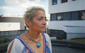 Marama Fox speaking to media outside the Hamilton District Court after appearing at sentencing for a drunk driving charge.