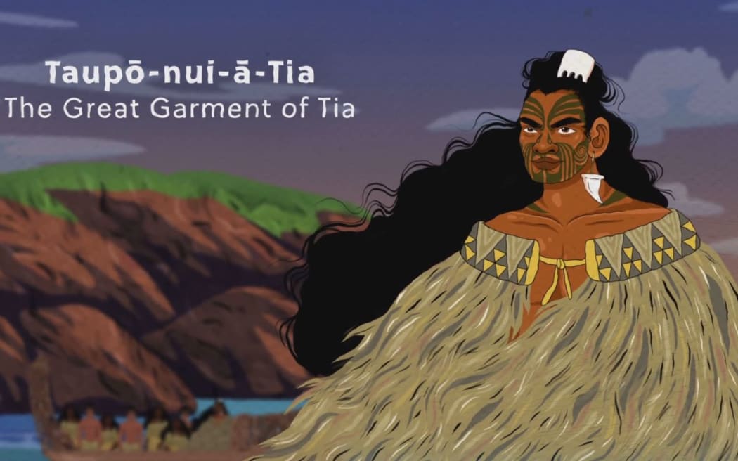 An illustration of the rangatitra Tia, wearing his cloak, against a backdrop of Lake Taupo.