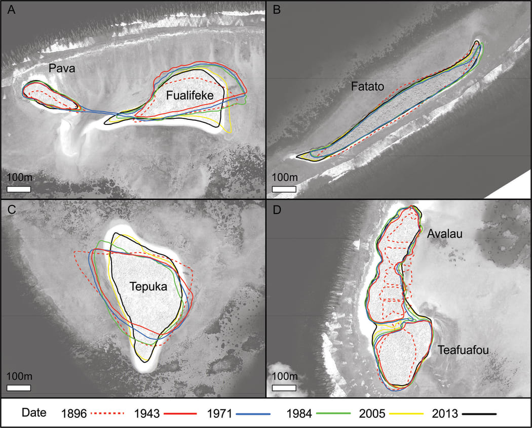 Figure 2. Changes in planform characteristics of selected reef islands in Funafuti