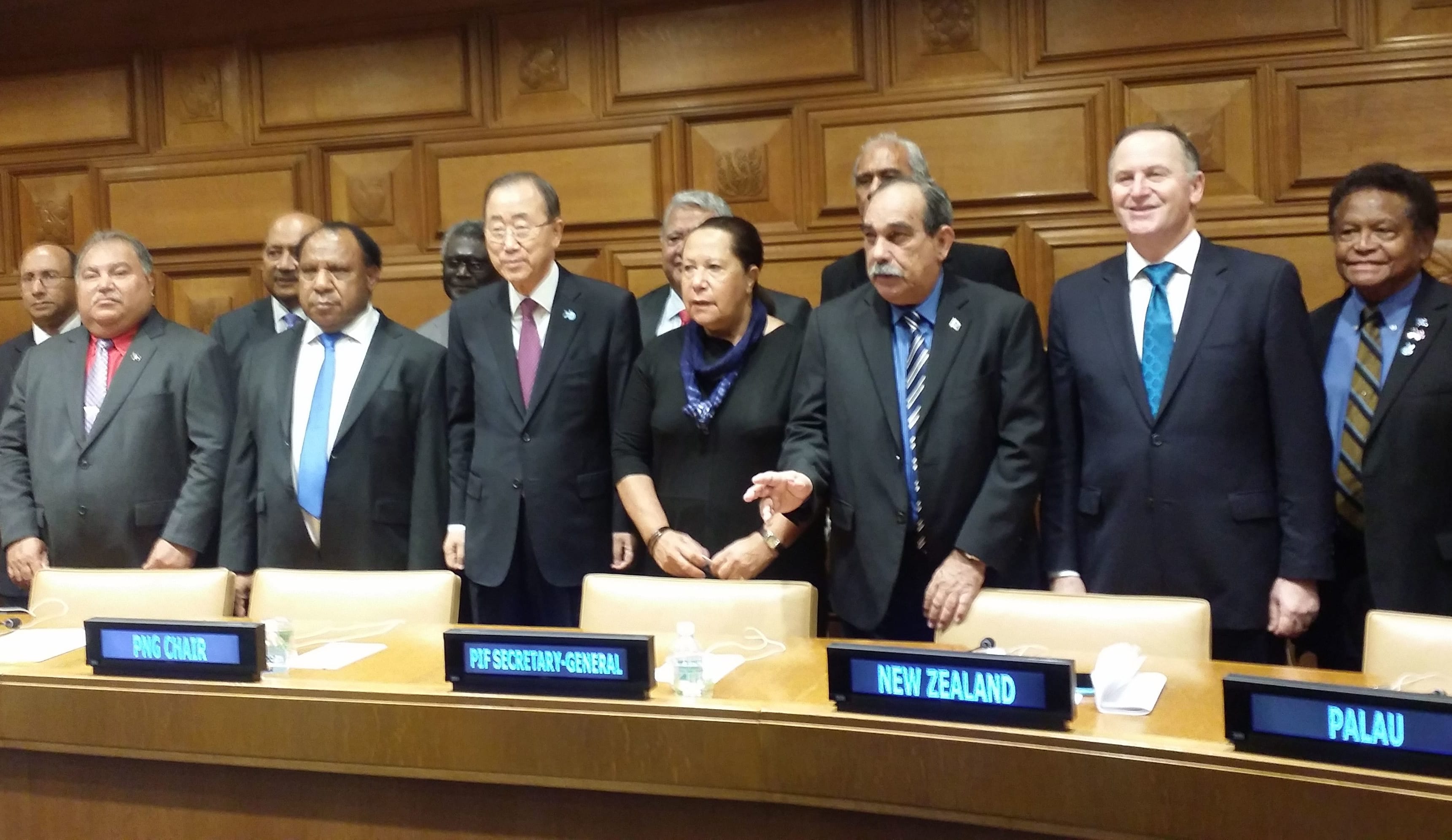 Pacific Islands Forum leaders at the UN.Front row from left: Nauru president Baron Waqa, PNG foreign minister Rimbink Pato, UN secretary-general Ban Ki-moon, Pacific Forum sec-gen Dame Meg Taylor, Federated States of Micronesia president Peter Christian, New Zealand prime minister John Key.