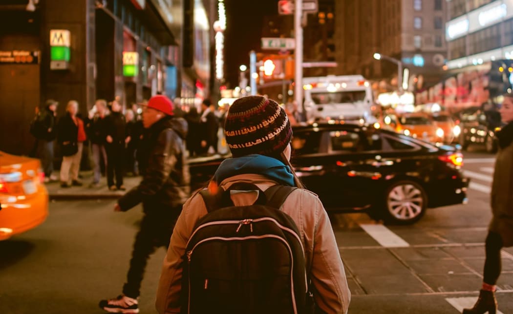 Woman on a busy street