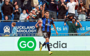 Auckland FC's Logan Rogerson celebrates his goal.
