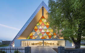 An exterior view of the Cardboard cathedral in Christchurch designed by Shigeru Ban.