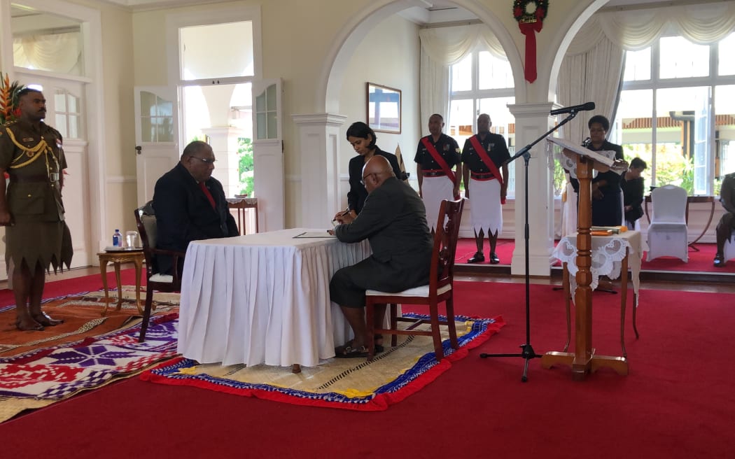 Sitiveni Rabuka has been sworn in as the prime minister of Fiji in a ceremony at government house.