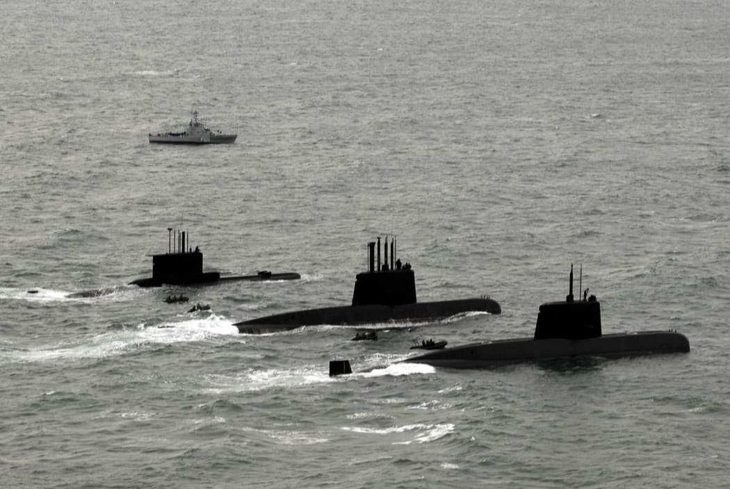 Submarines ARA San Juan, ARA Salta and ARA Santa Cruz upon arrival to Mar del Plata's Navy Base on June 13, 2014.