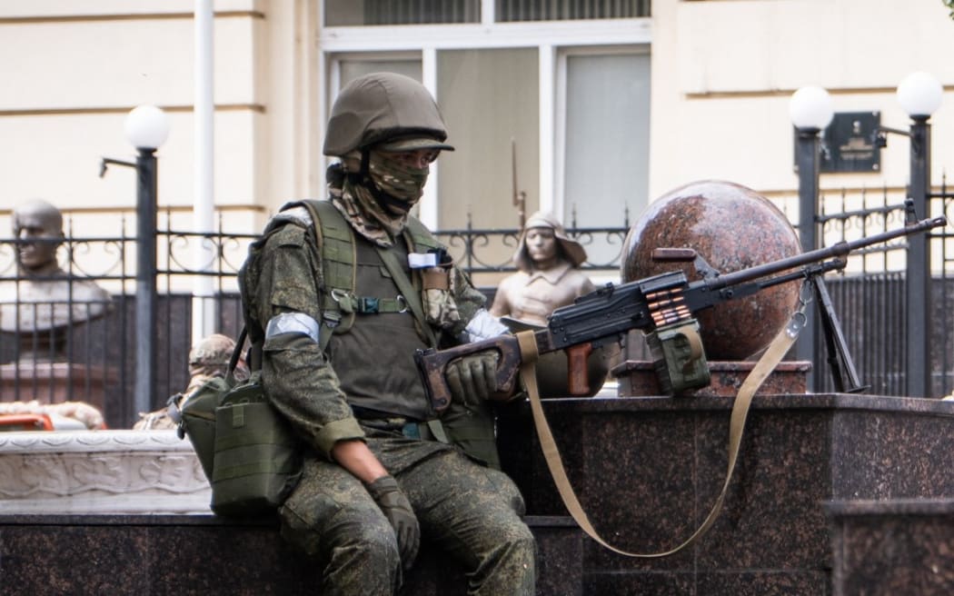 A member of Wagner group stands guard in Rostov-on-Don, on June 24, 2023.