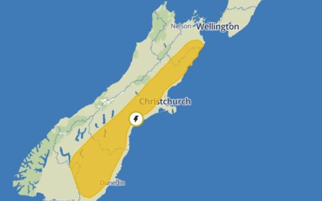 Map of severe thunderstorm watch in South Island