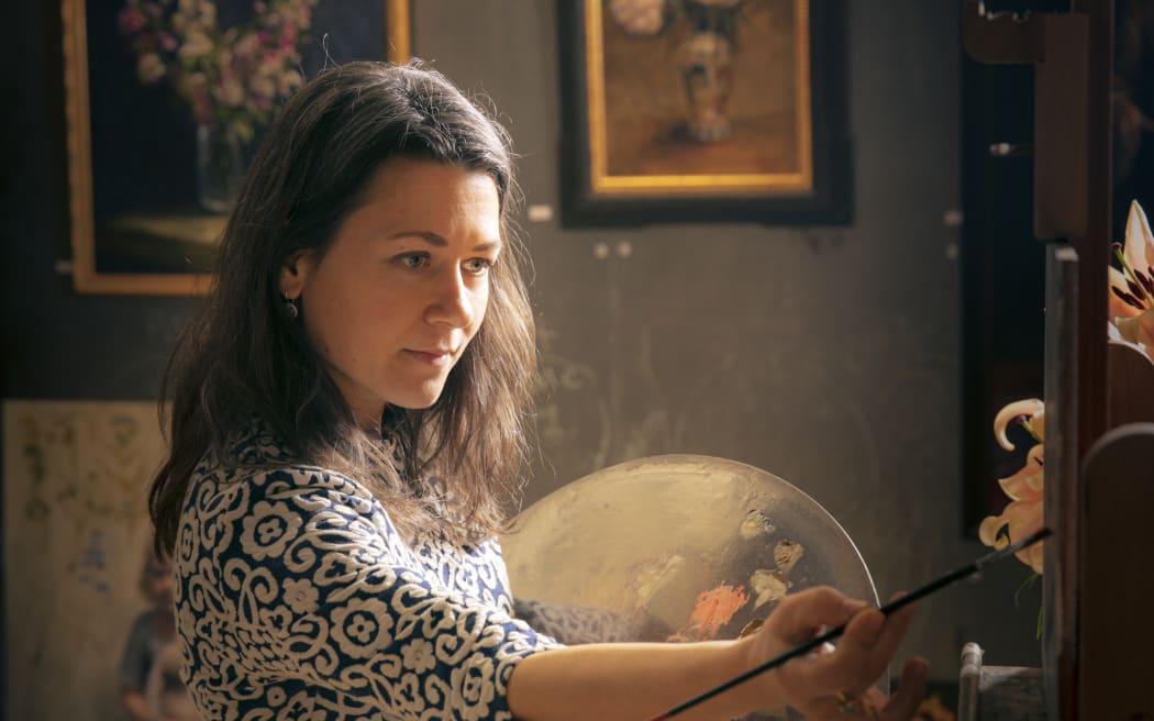 Wellington Artist Tatyana Kulida painting in her Cuba Street studio