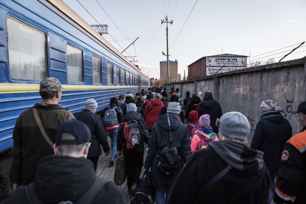 KRAMATORSK, UKRAINE - APRIL 6: Civilians gather at the train station to be evacuated from combat zones in Kramatorsk, Donetsk Oblast, in eastern Ukraine on April 6, 2022.