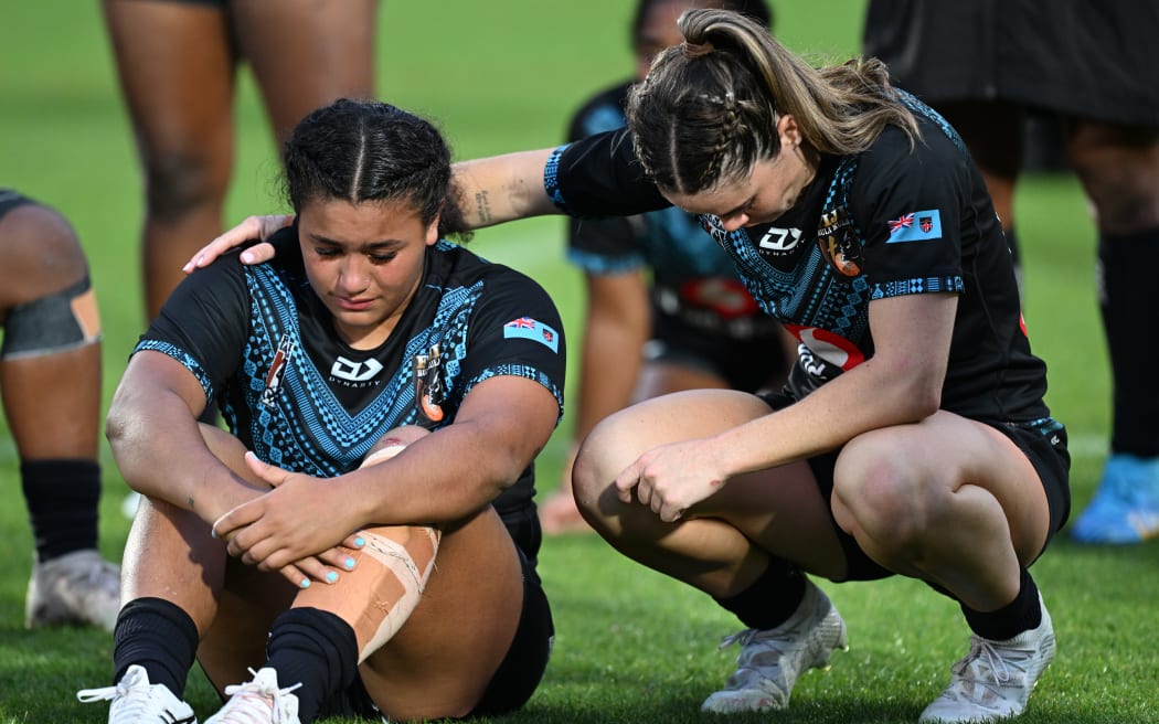 Dejected Fiji players.
Fetu Samoa v Fiji Bulikula. Pacific Championships Womens Rugby League test match at Go Media Stadium. Saturday 2 November 2024. © Mandatory photo credit: Andrew Cornaga / Photosport