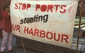 Protesters at Auckland's Queens Wharf yesterday.