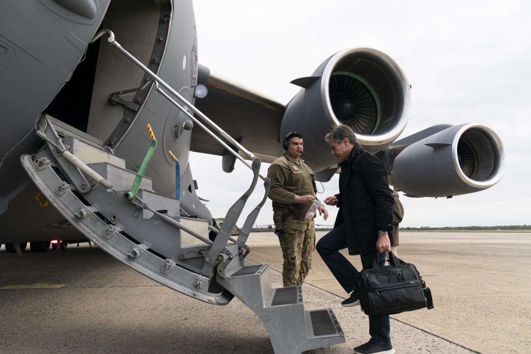 US Secretary of State Antony Blinken boarding a plane at an air force base in Maryland on Friday, to head to Europe to visit Ukraine.